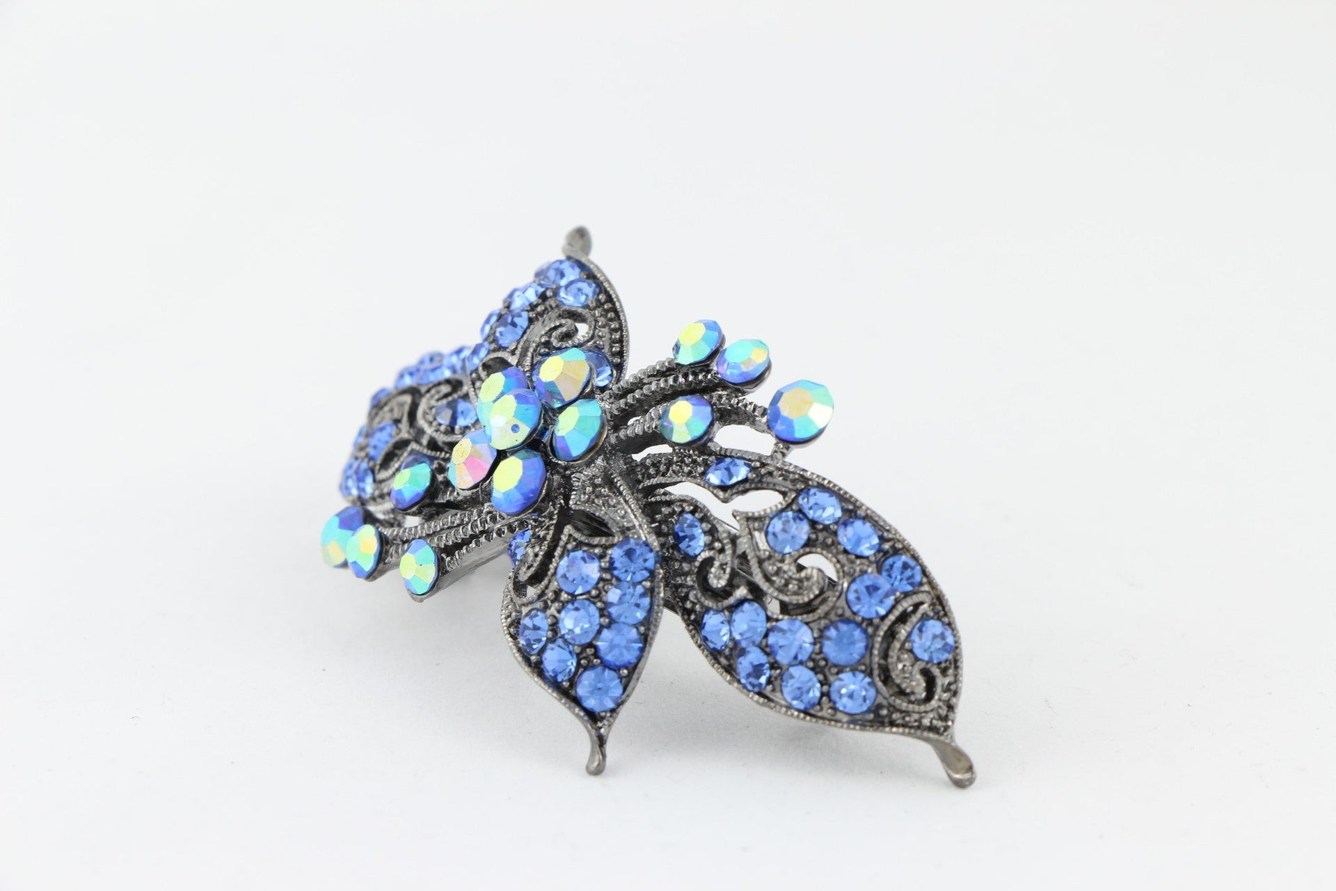 Antique silver hair barrette with complimenting color small rhinestones - Lavender