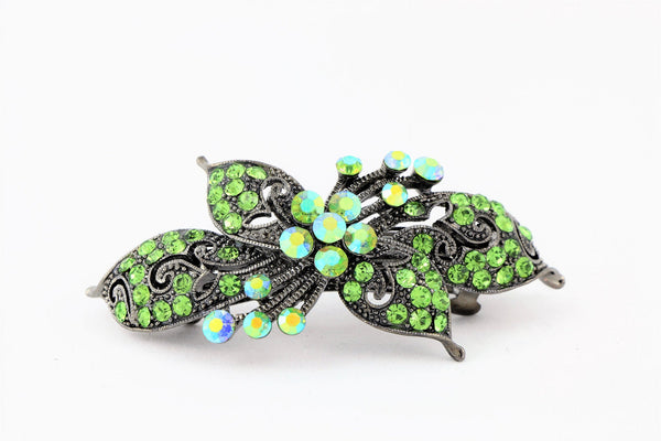 Antique silver hair barrette with complimenting color small rhinestones - Olive Green