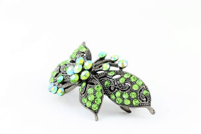 Antique silver hair barrette with complimenting color small rhinestones - Olive Green