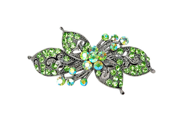 Antique silver hair barrette with complimenting color small rhinestones - Olive Green