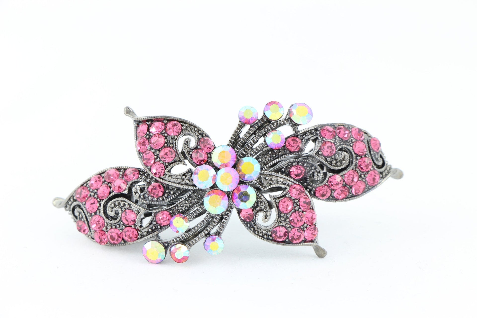 Antique silver hair barrette with complimenting color small rhinestones - Pink