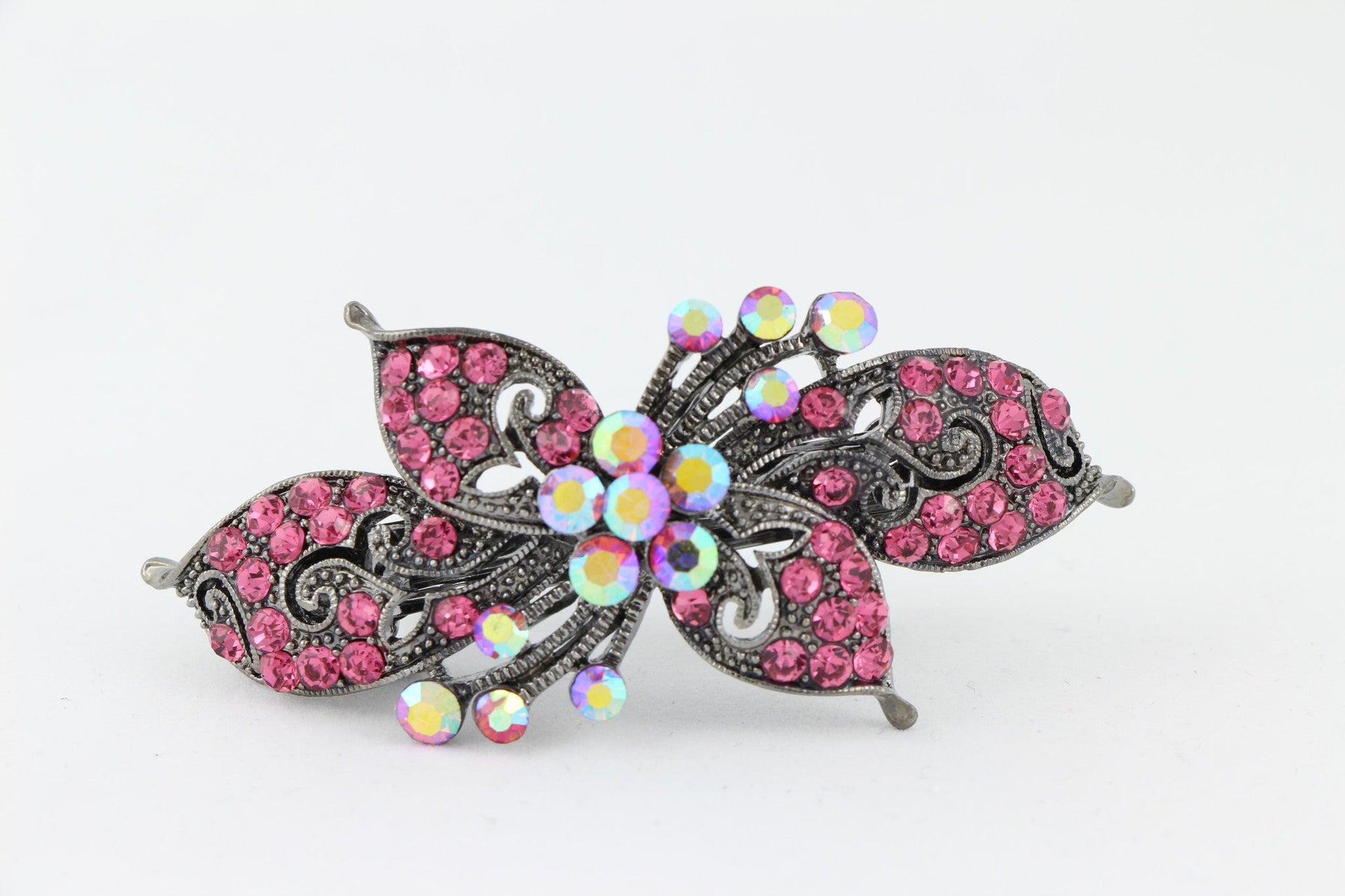 Antique silver hair barrette with complimenting color small rhinestones - Pink