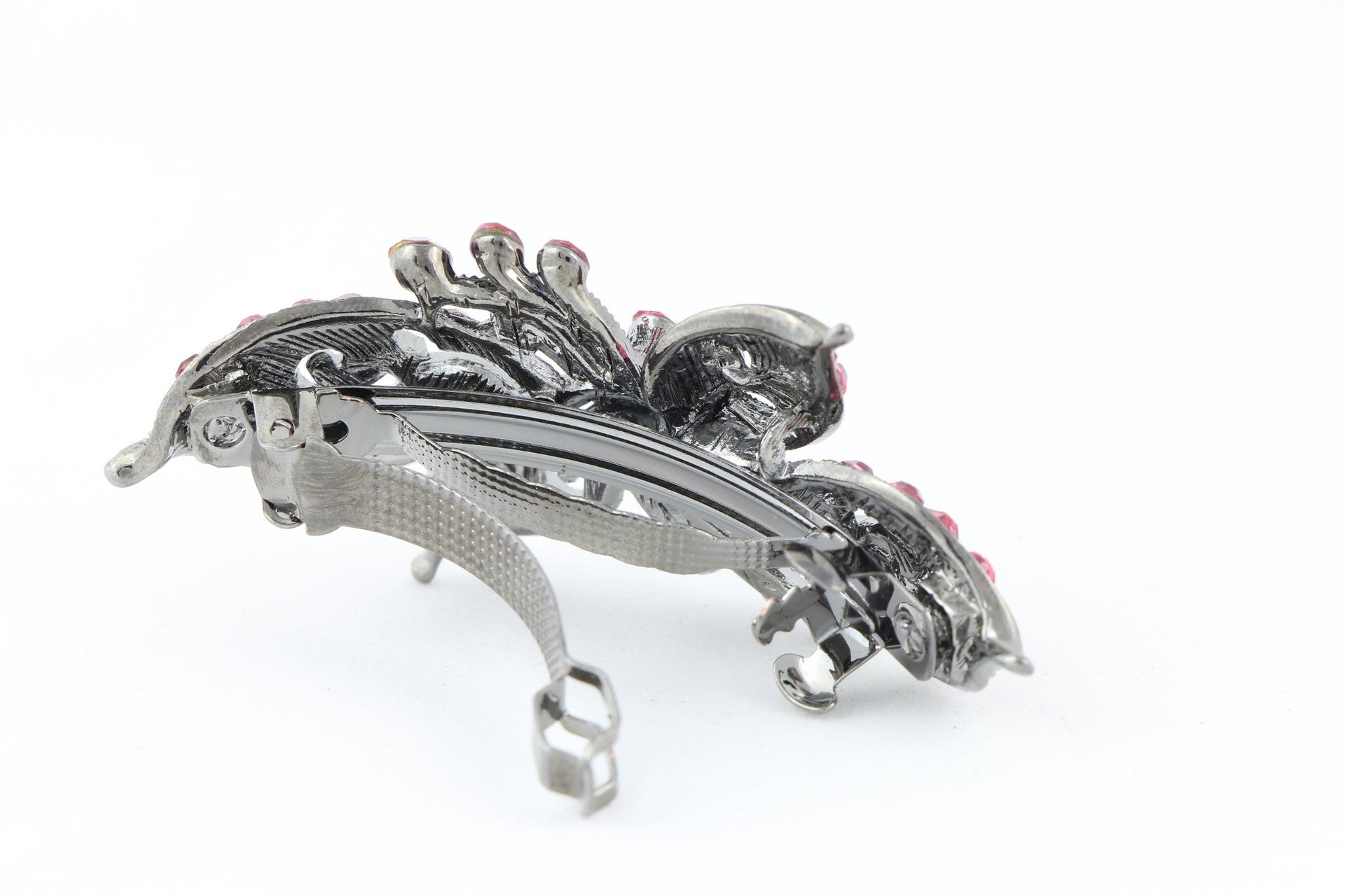 Antique silver hair barrette with complimenting color small rhinestones - Pink