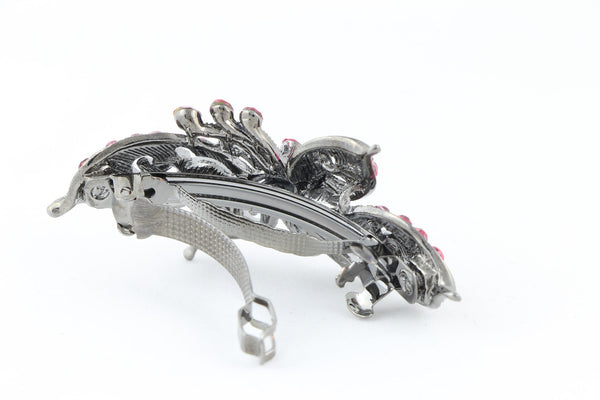 Antique silver hair barrette with complimenting color small rhinestones - Pink