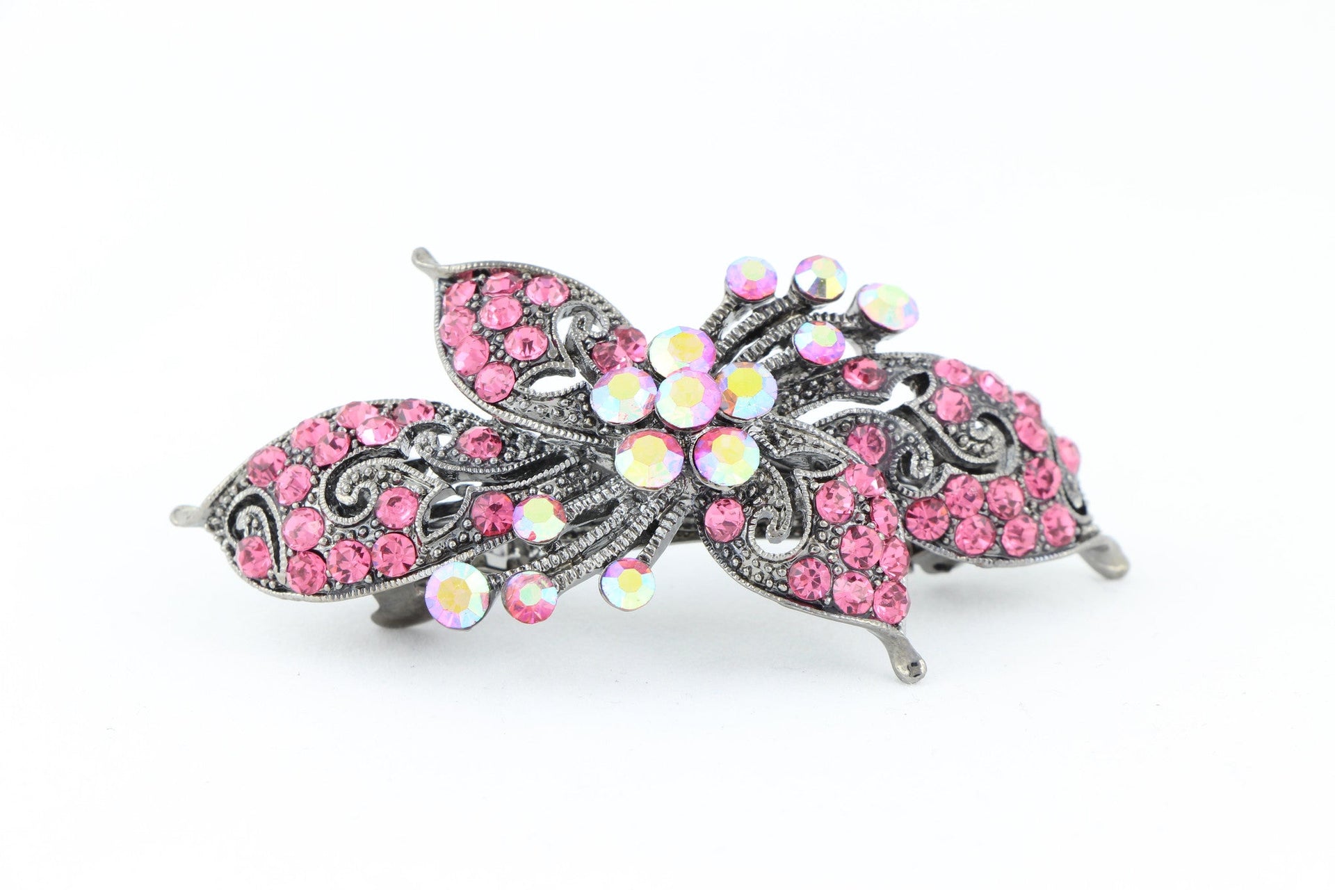Antique silver hair barrette with complimenting color small rhinestones - Pink
