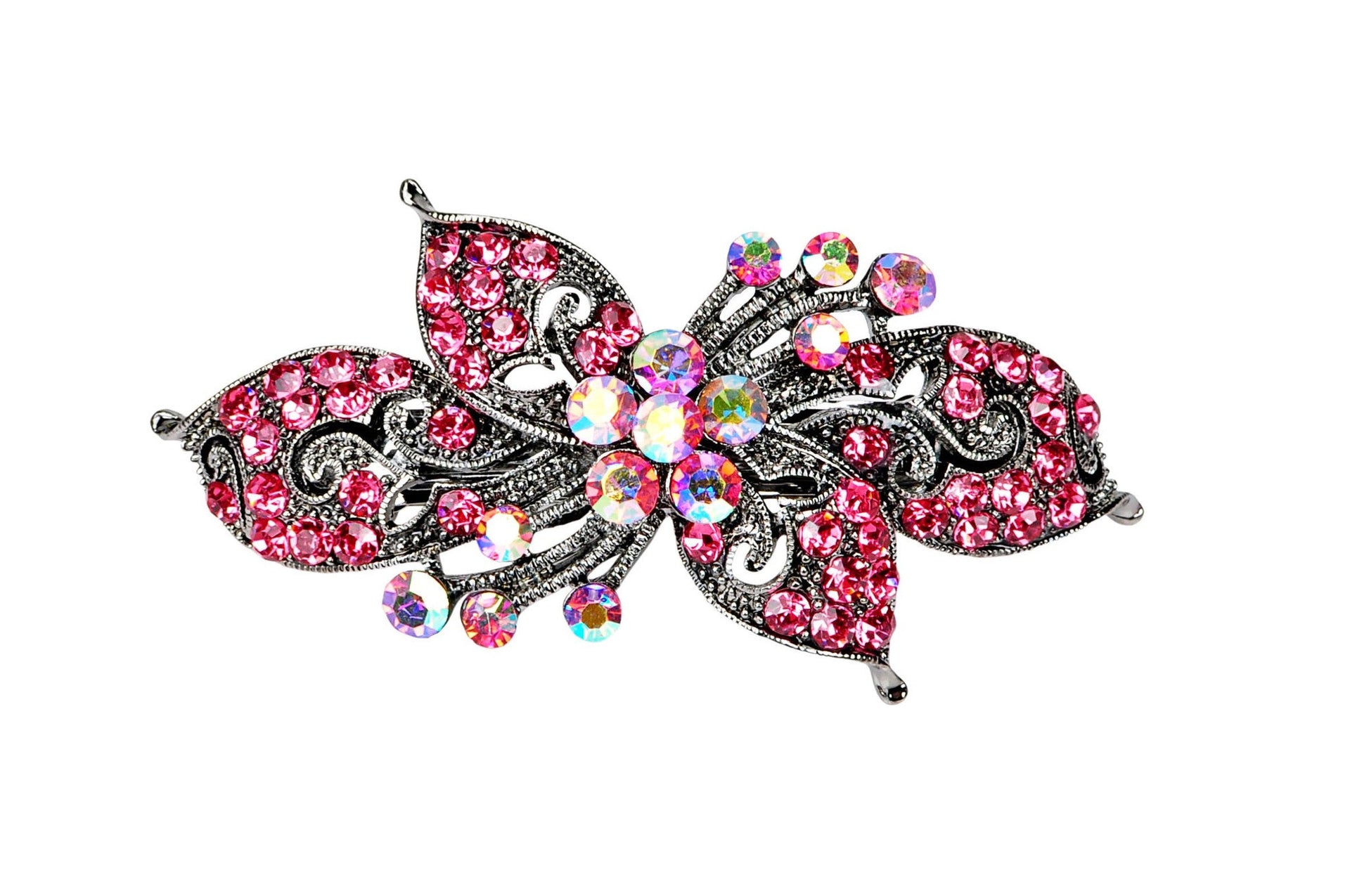 Antique silver hair barrette with complimenting color small rhinestones - Pink
