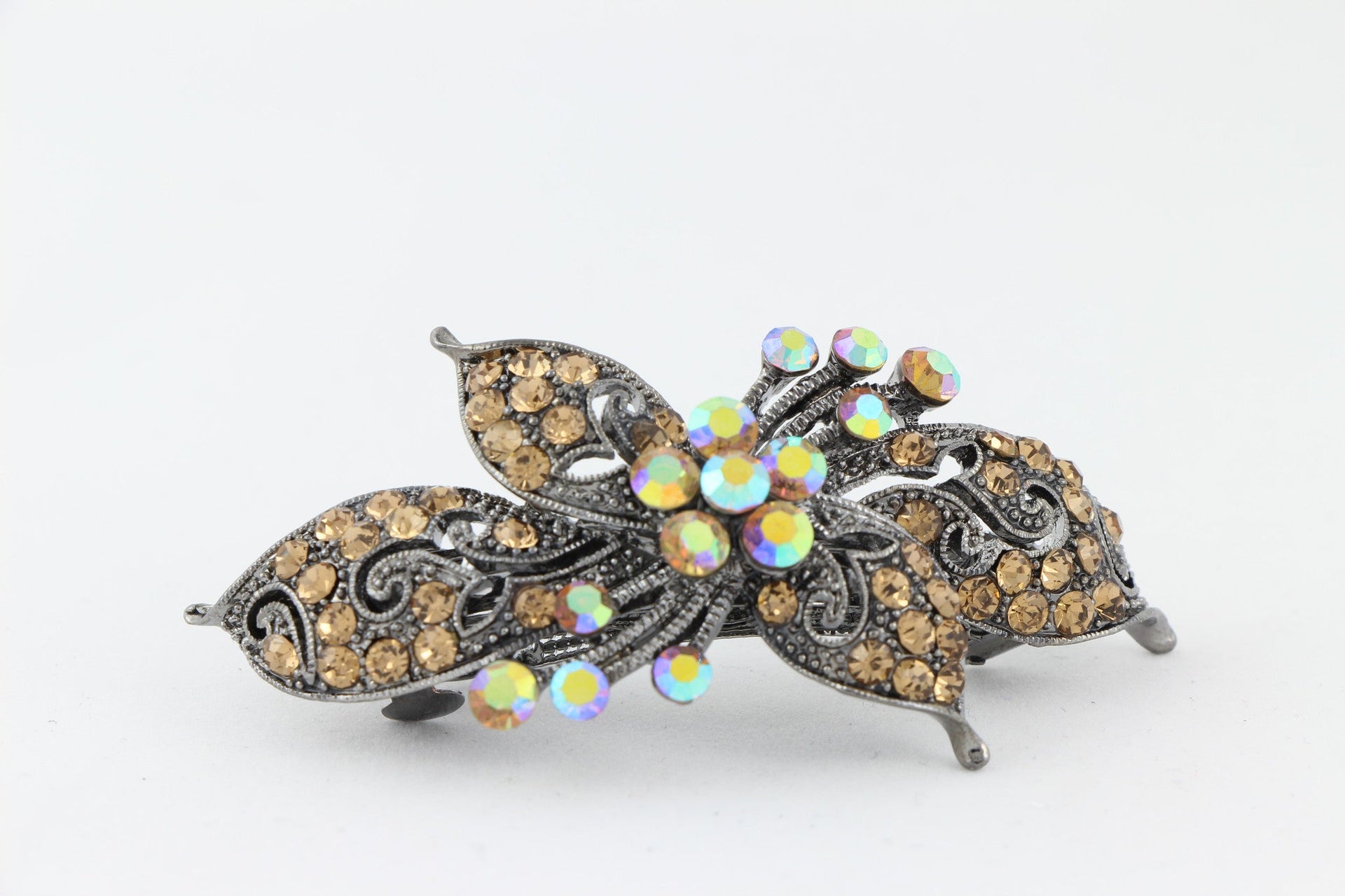 Antique silver hair barrette with complimenting color small rhinestones - Topaz