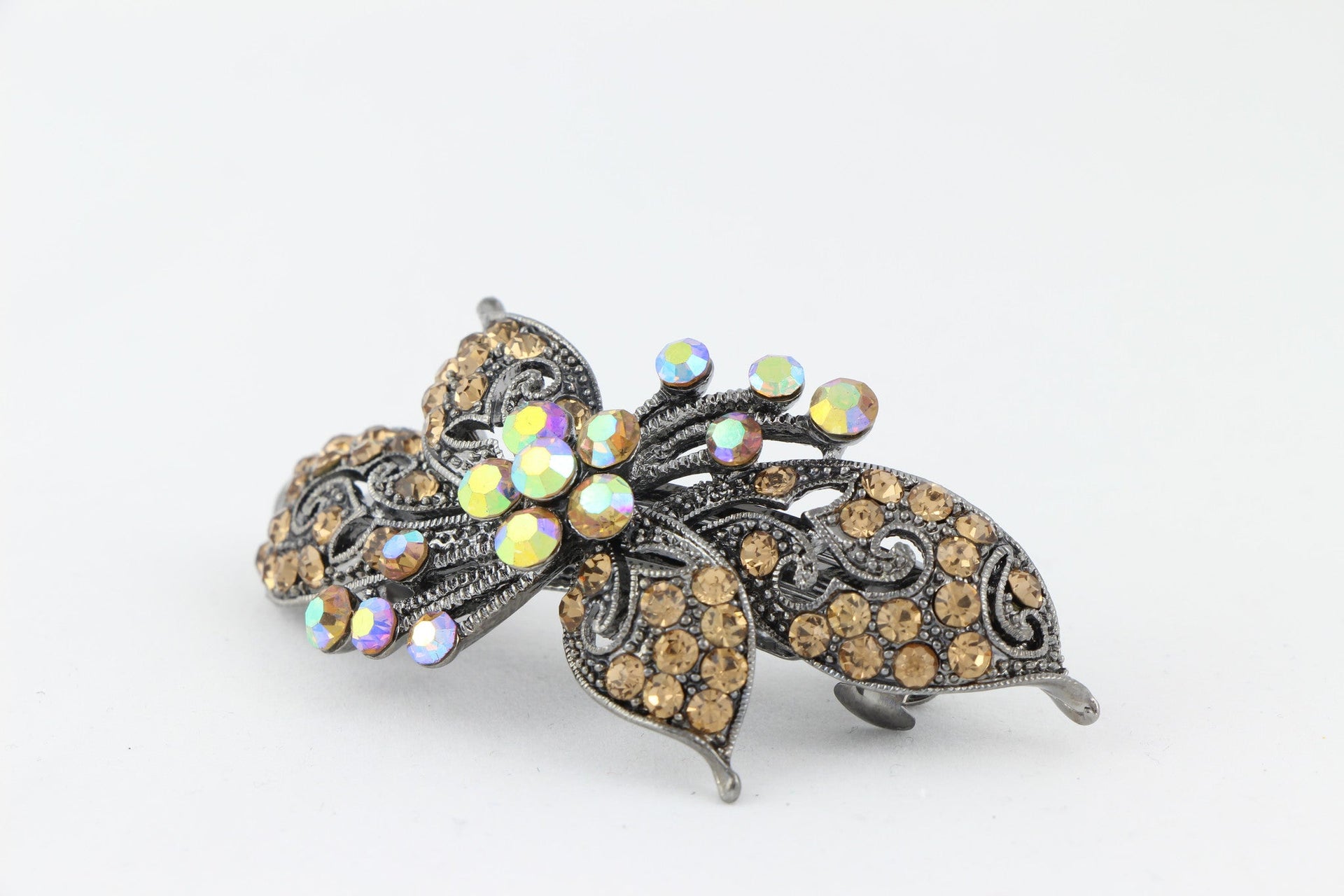 Antique silver hair barrette with complimenting color small rhinestones - Topaz