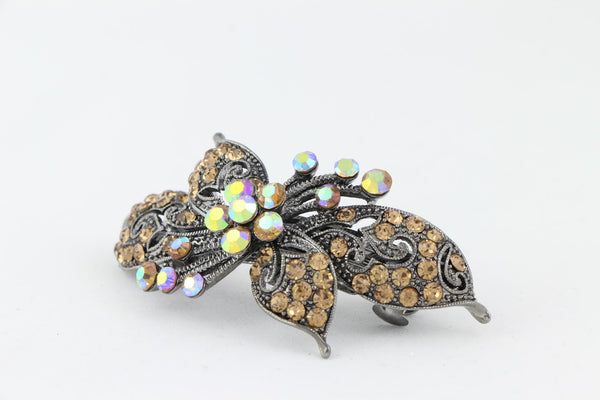Antique silver hair barrette with complimenting color small rhinestones - Topaz