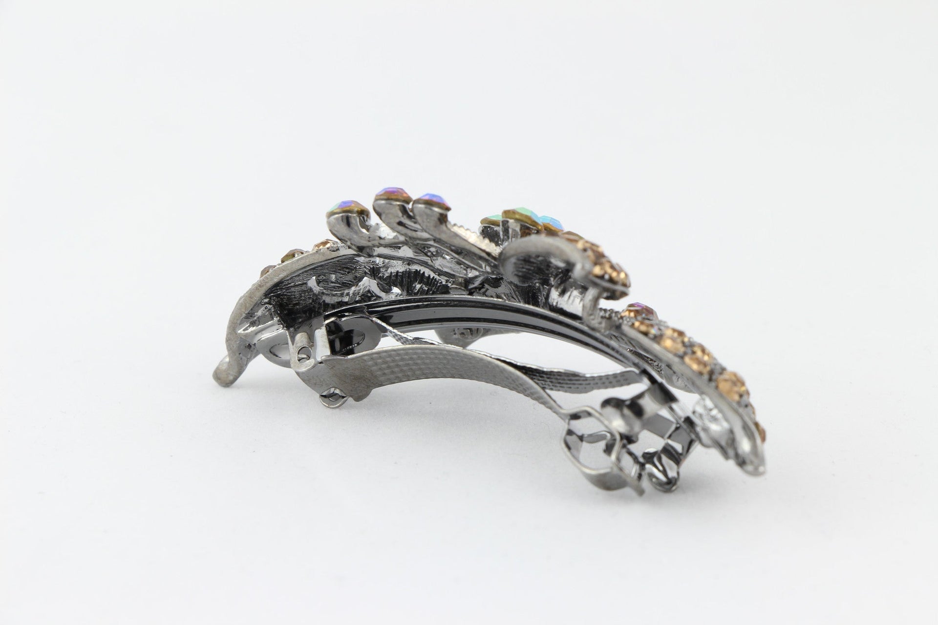 Antique silver hair barrette with complimenting color small rhinestones - Topaz