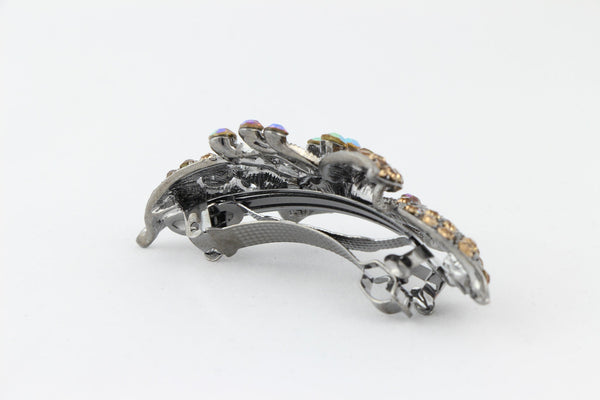 Antique silver hair barrette with complimenting color small rhinestones - Topaz