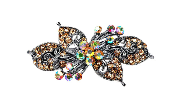 Antique silver hair barrette with complimenting color small rhinestones - Topaz