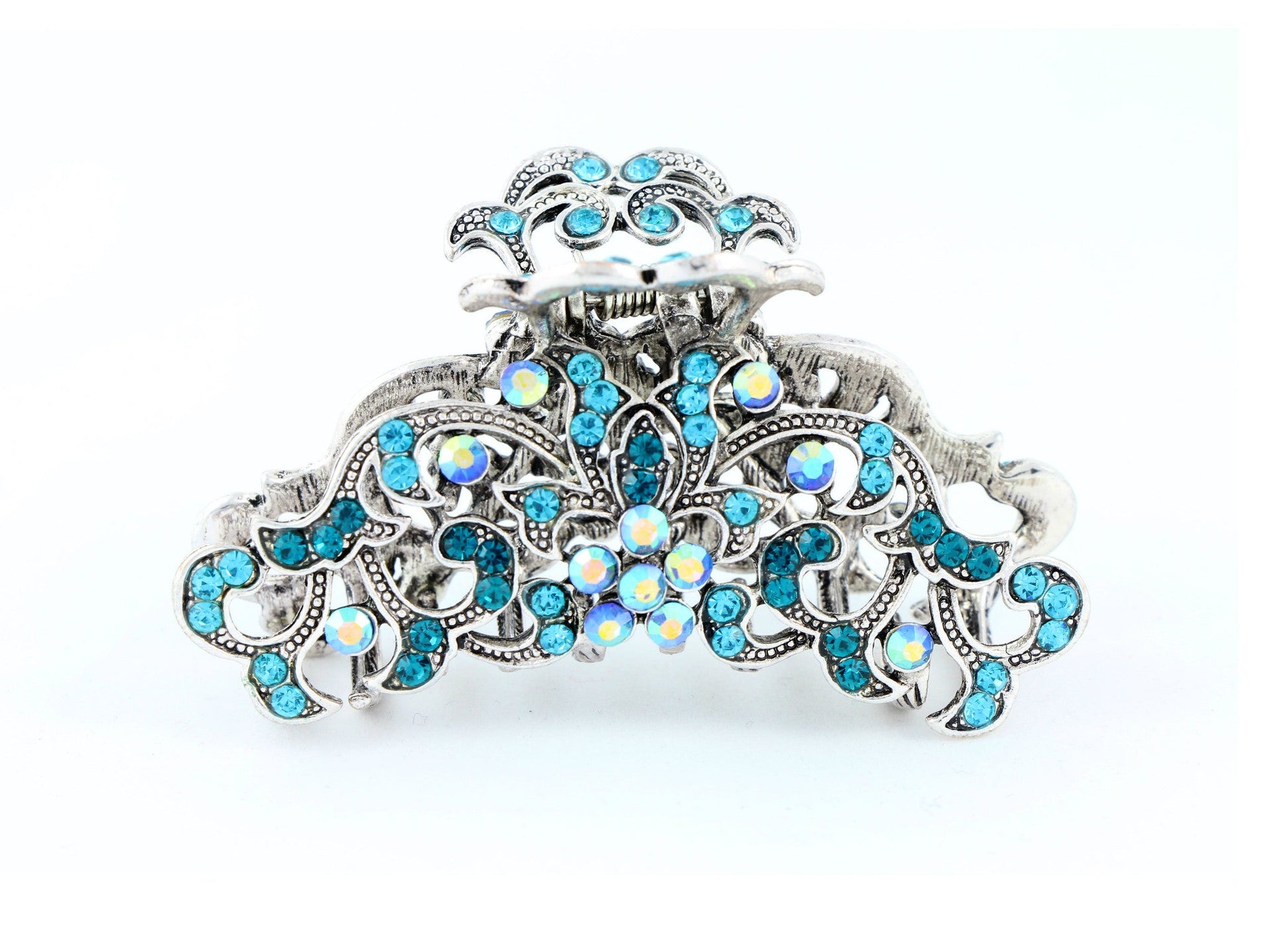 Antique silver metallic hair claw clip with colored rhinestones - Ocean Blue