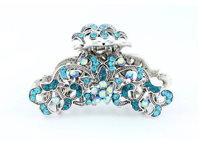 Antique silver metallic hair claw clip with colored rhinestones - Ocean Blue