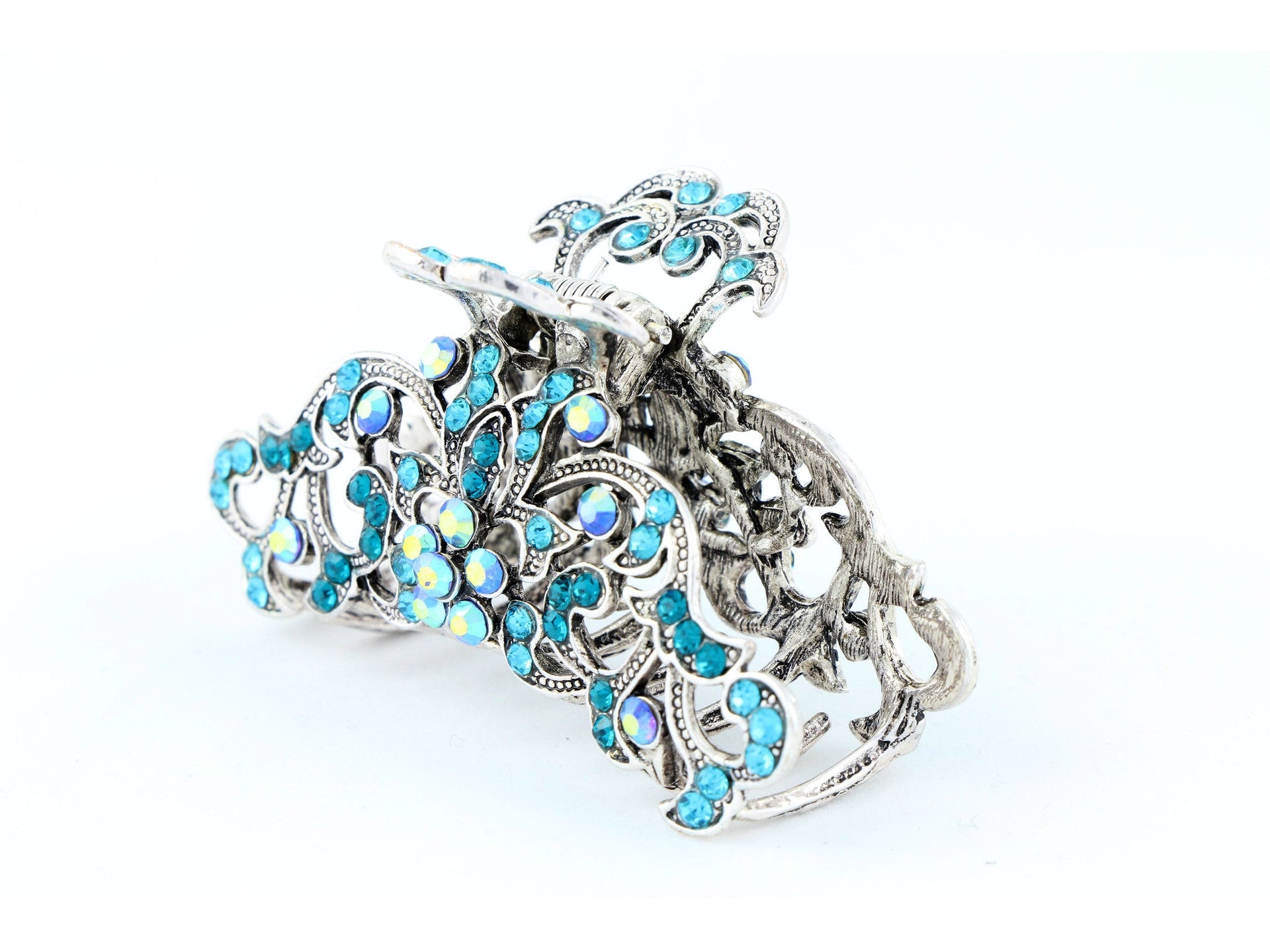 Antique silver metallic hair claw clip with colored rhinestones - Ocean Blue
