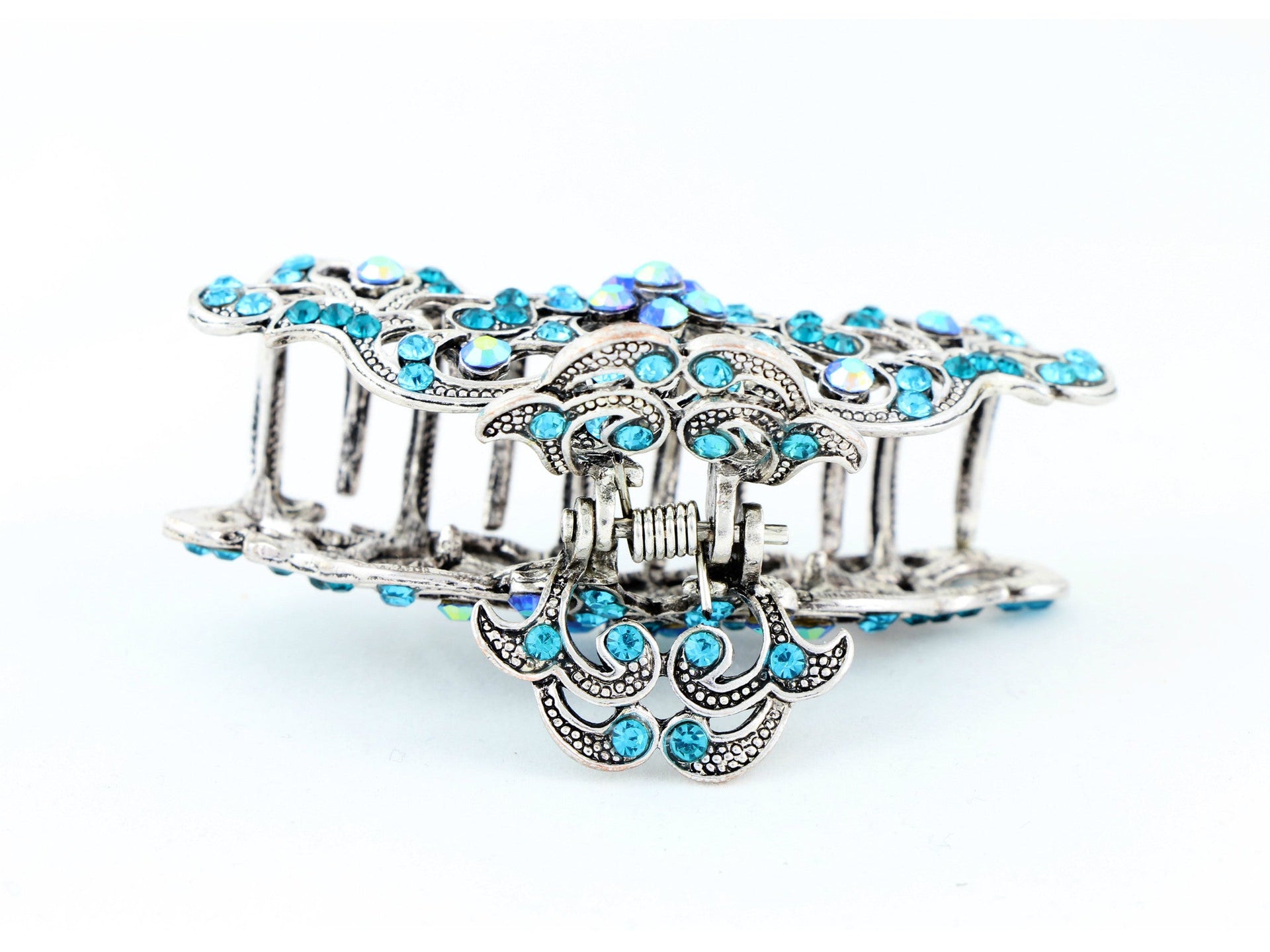 Antique silver metallic hair claw clip with colored rhinestones - Ocean Blue