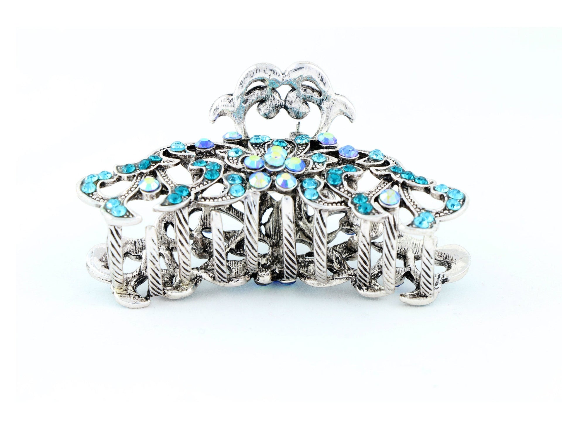 Antique silver metallic hair claw clip with colored rhinestones - Ocean Blue
