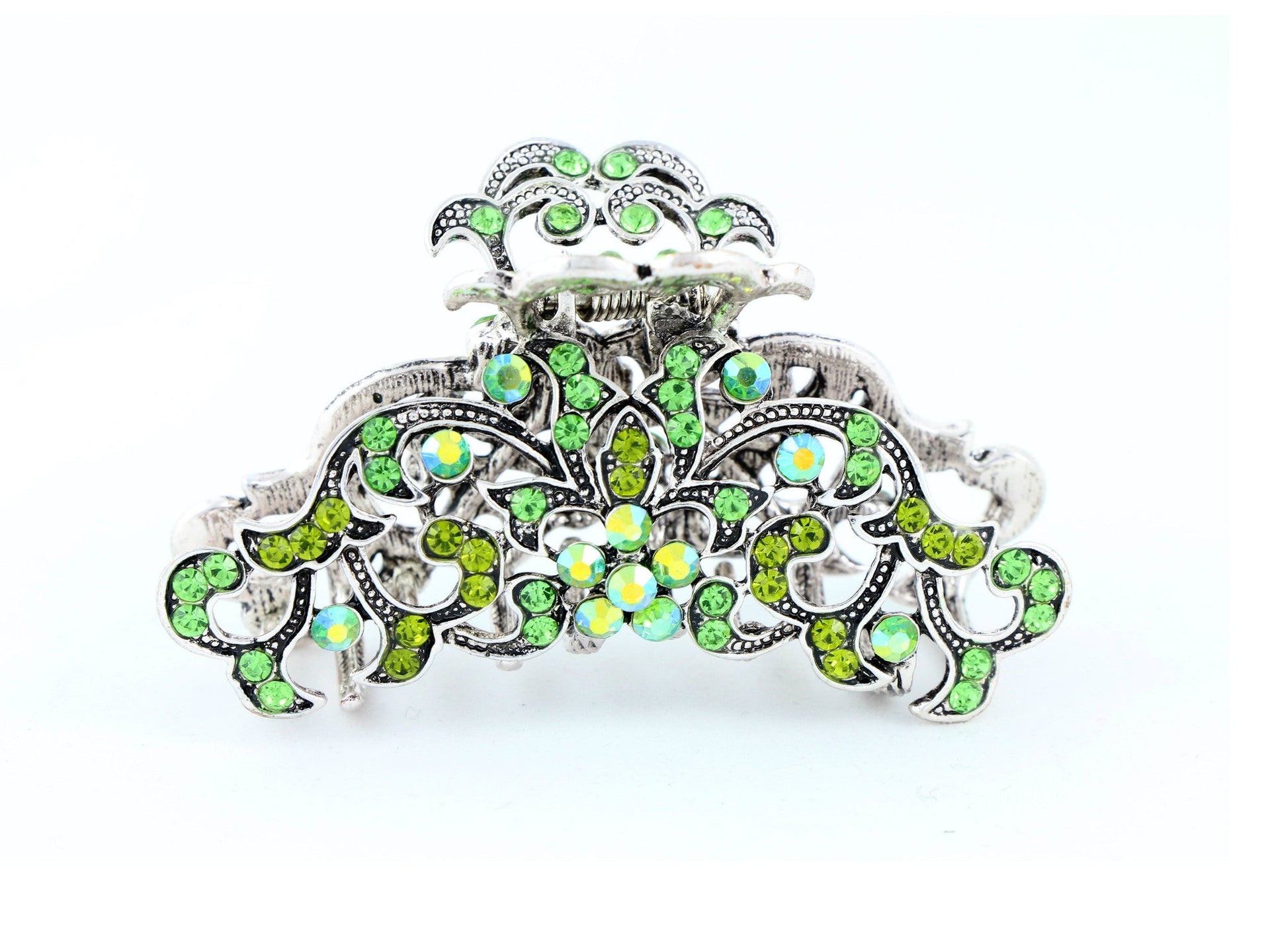 Antique silver metallic hair claw clip with colored rhinestones - Green