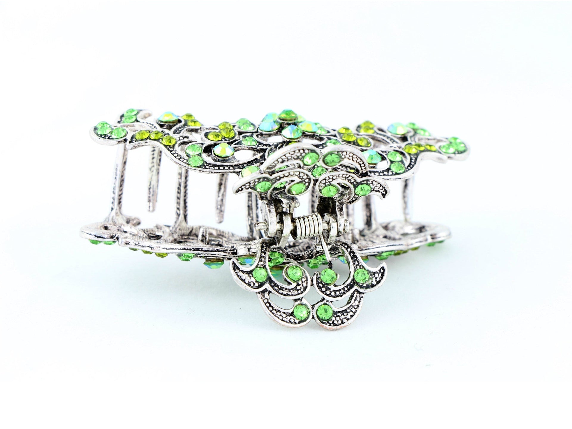 Antique silver metallic hair claw clip with colored rhinestones - Green