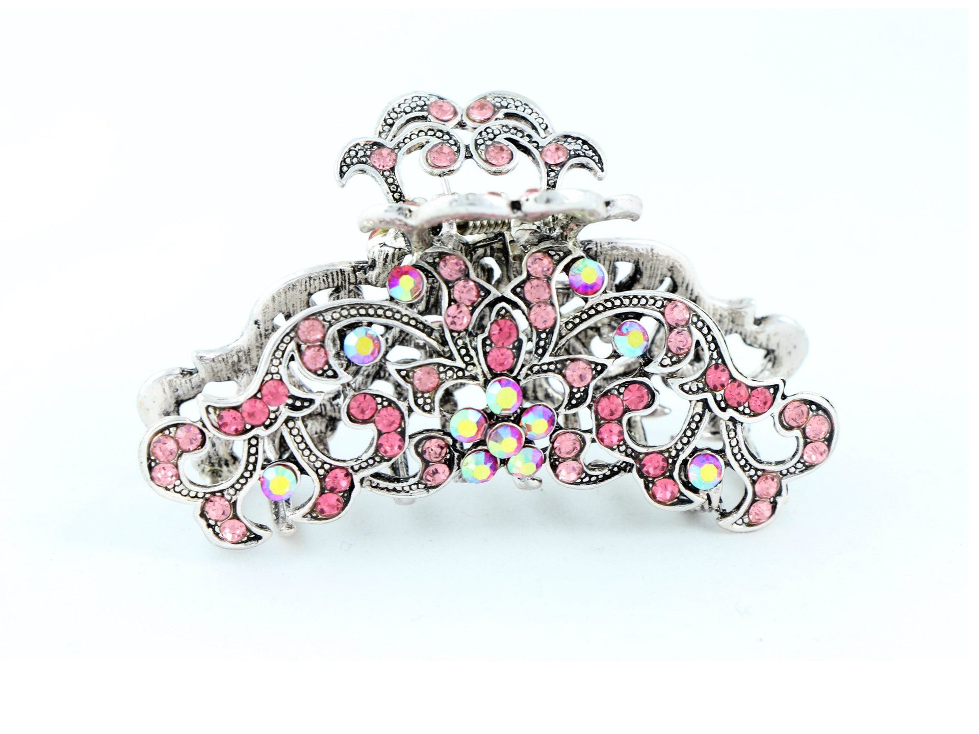 Antique silver metallic hair claw clip with colored rhinestones - Pink