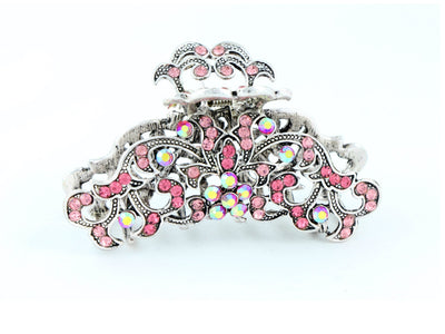 Antique silver metallic hair claw clip with colored rhinestones - Pink