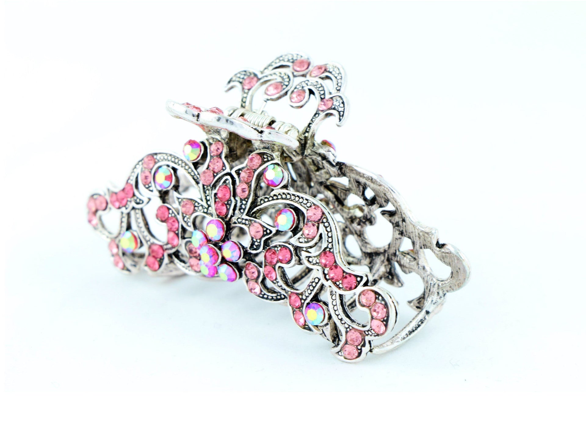 Antique silver metallic hair claw clip with colored rhinestones - Pink