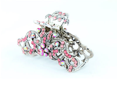 Antique silver metallic hair claw clip with colored rhinestones - Pink