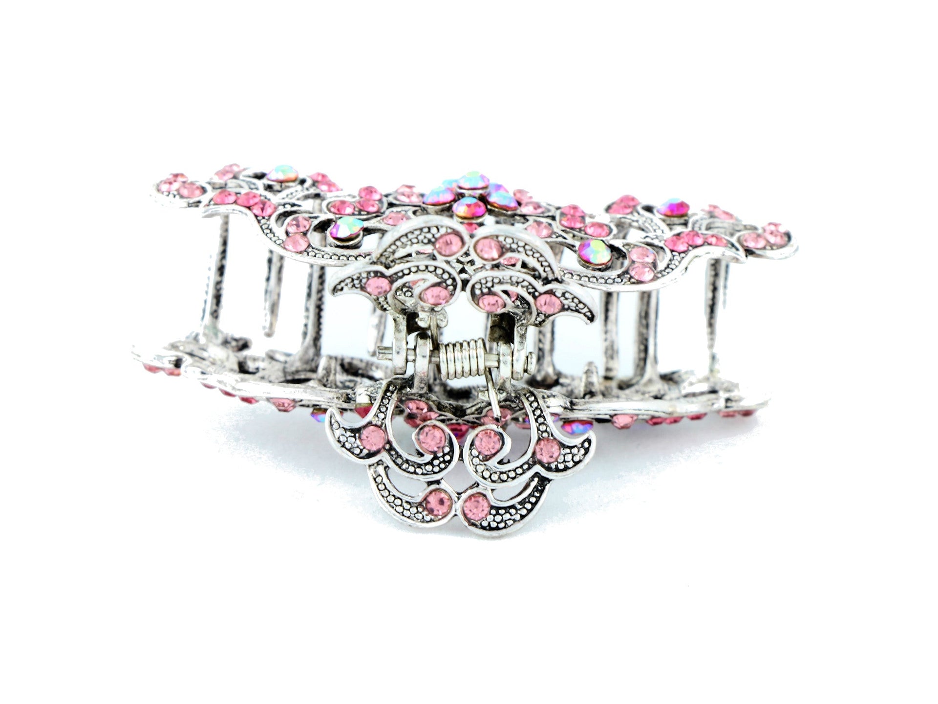 Antique silver metallic hair claw clip with colored rhinestones - Pink