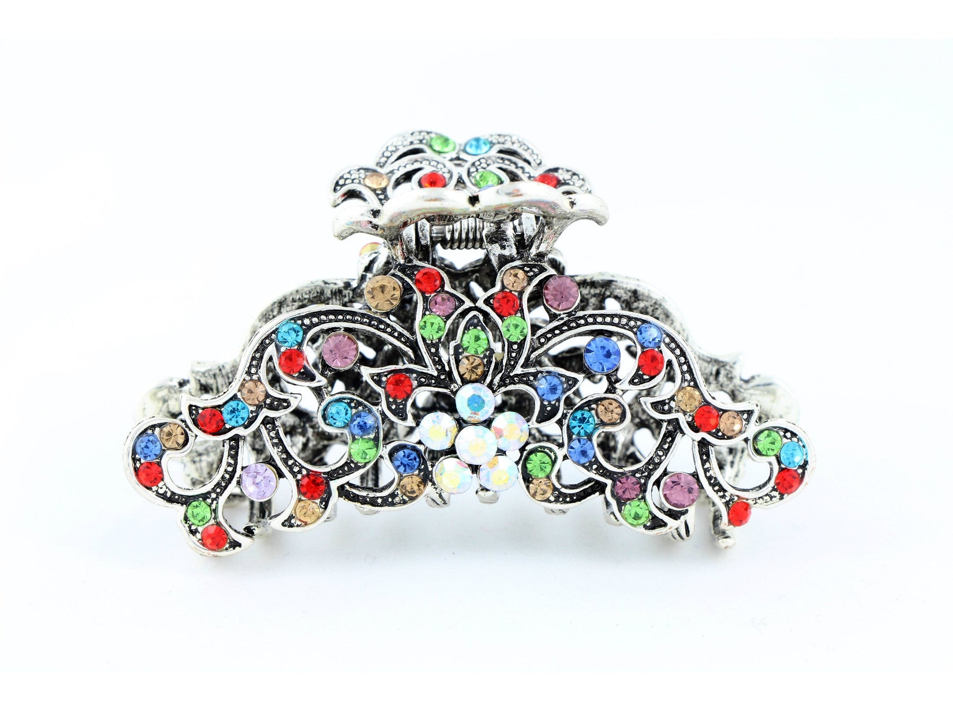 Antique silver metallic hair claw clip with colored rhinestones - Multi Color