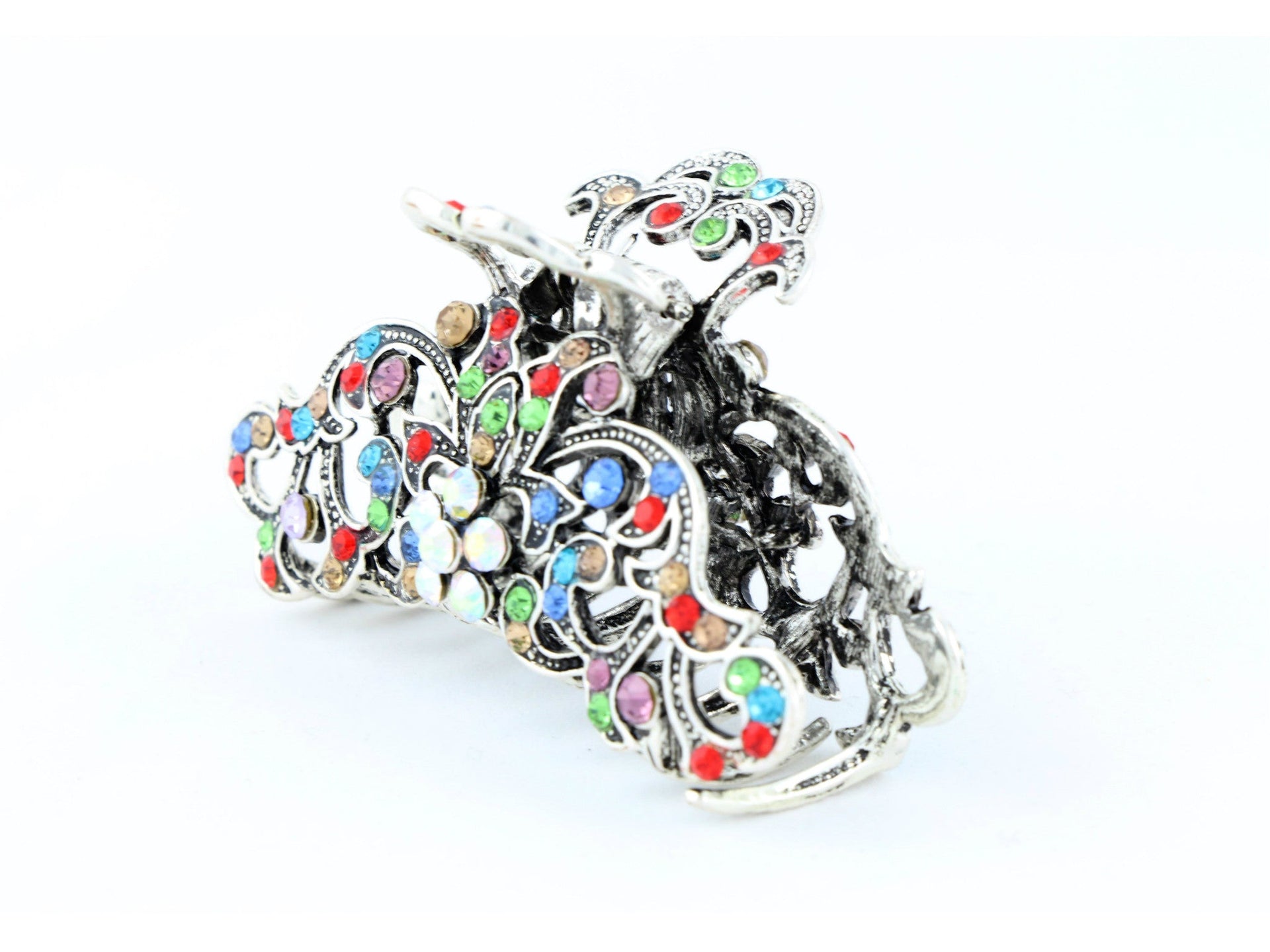 Antique silver metallic hair claw clip with colored rhinestones - Multi Color