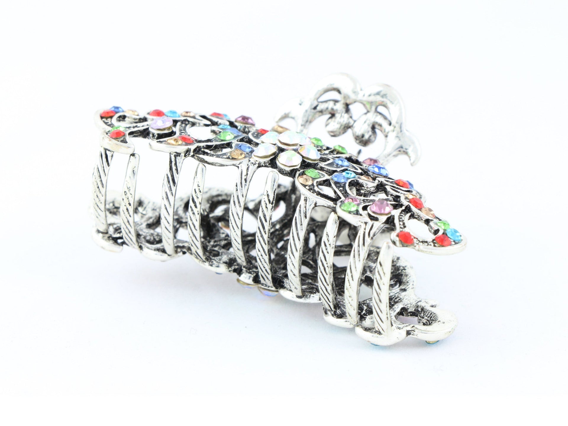 Antique silver metallic hair claw clip with colored rhinestones - Multi Color