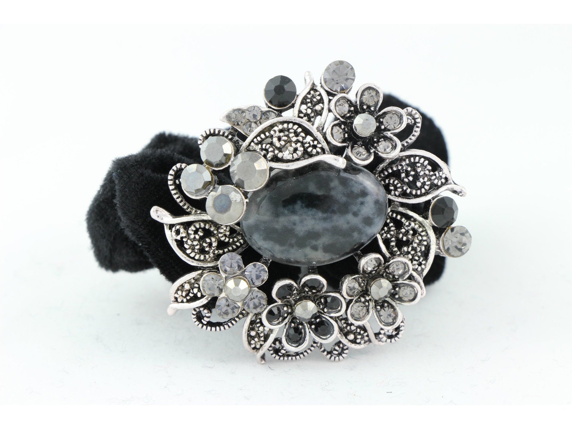 Wreath design pony tail holder with translucent beads and crystals - Black