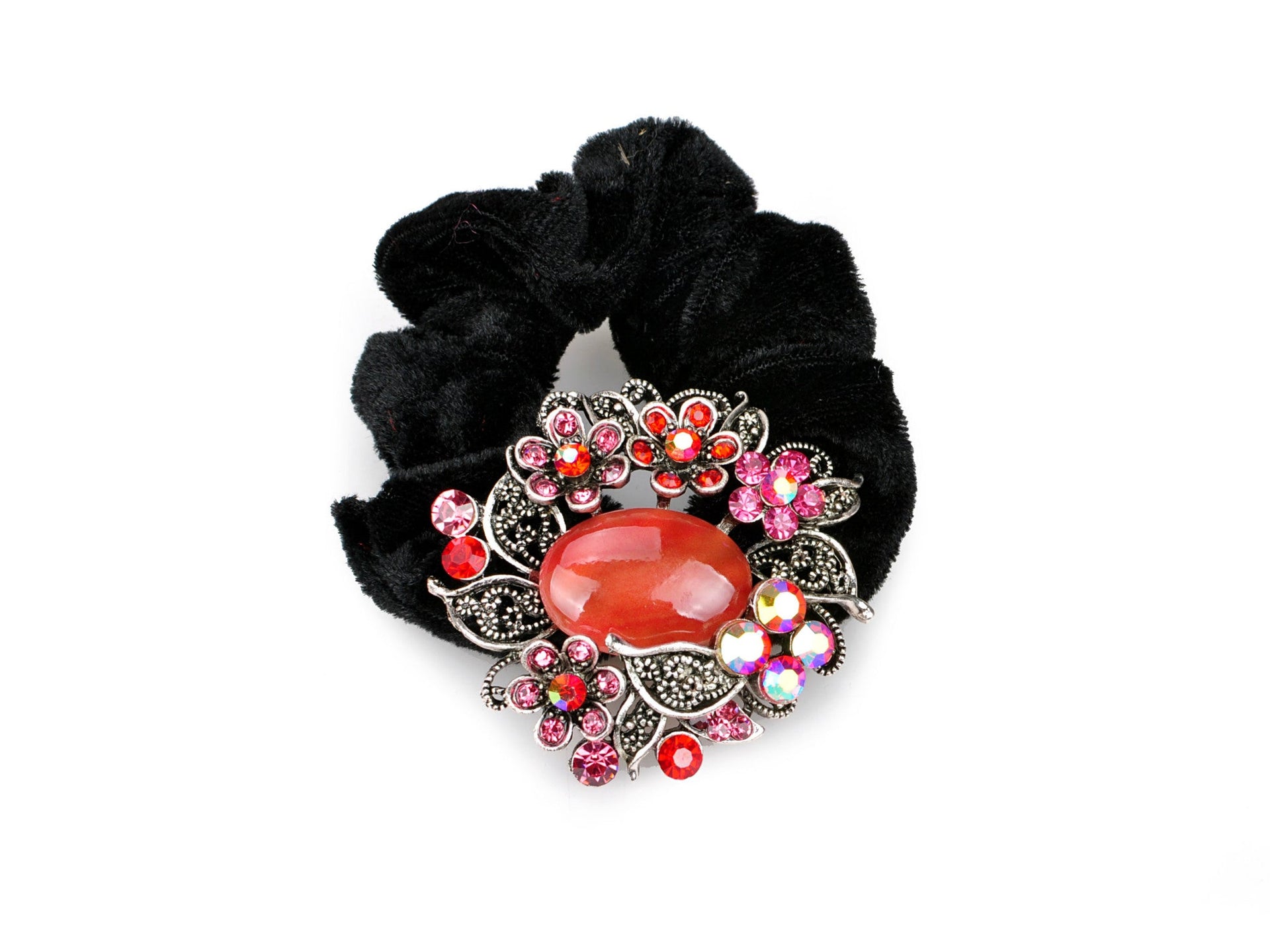 Wreath design pony tail holder with translucent beads and crystals - Red