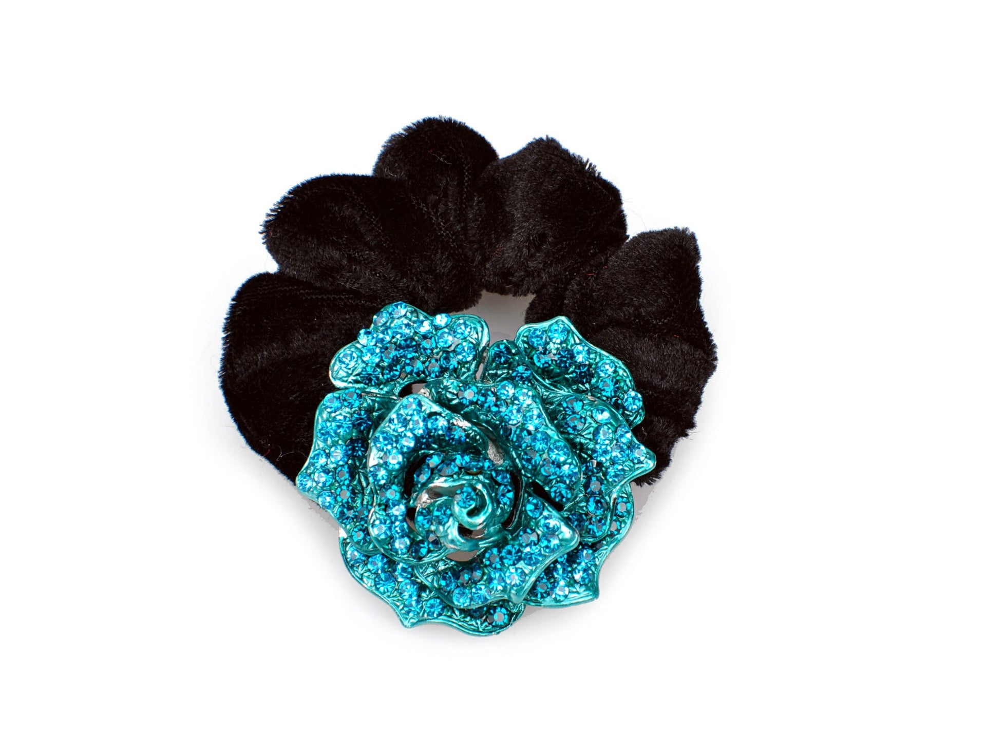 Rose flower pony tail holder with two tone color sparkling with crystals - Blue