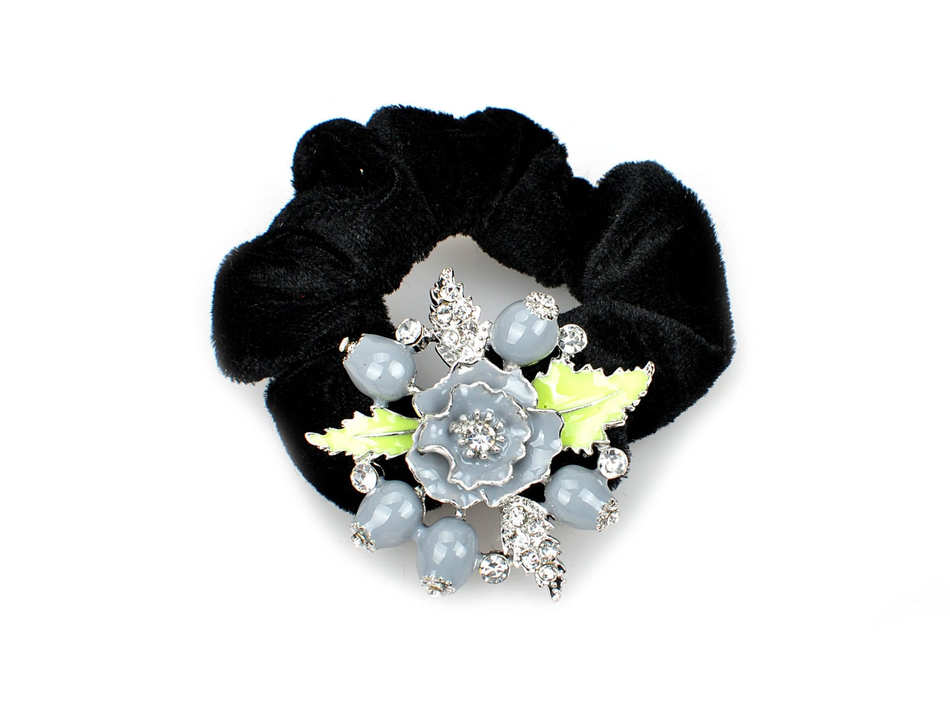 Pony tail holder with silver leaves and pomegranate flowers - Grey