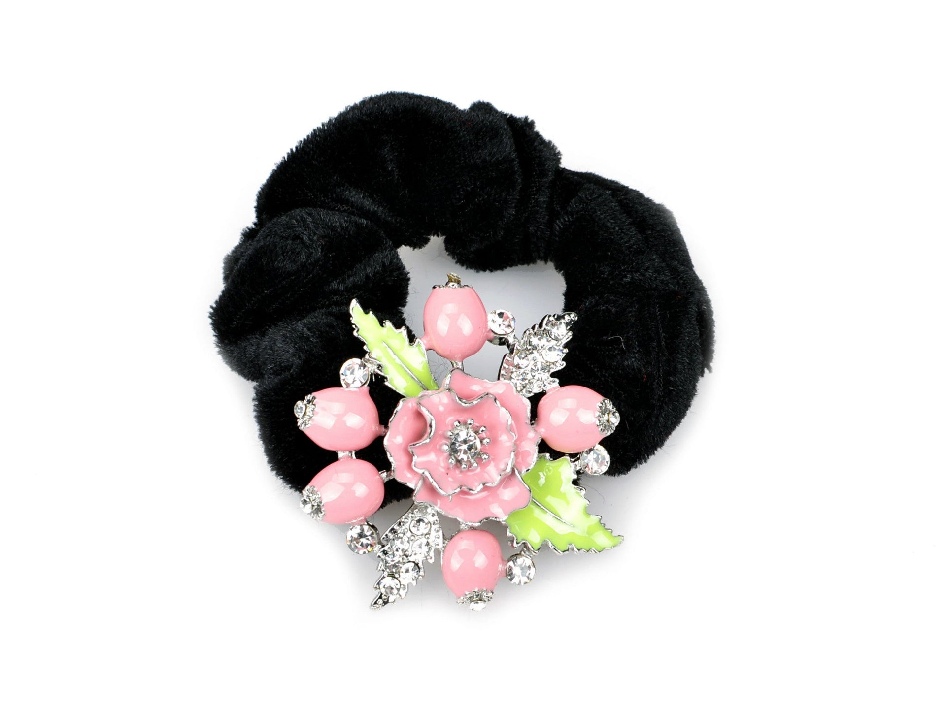 Pony tail holder with silver leaves and pomegranate flowers - Pink