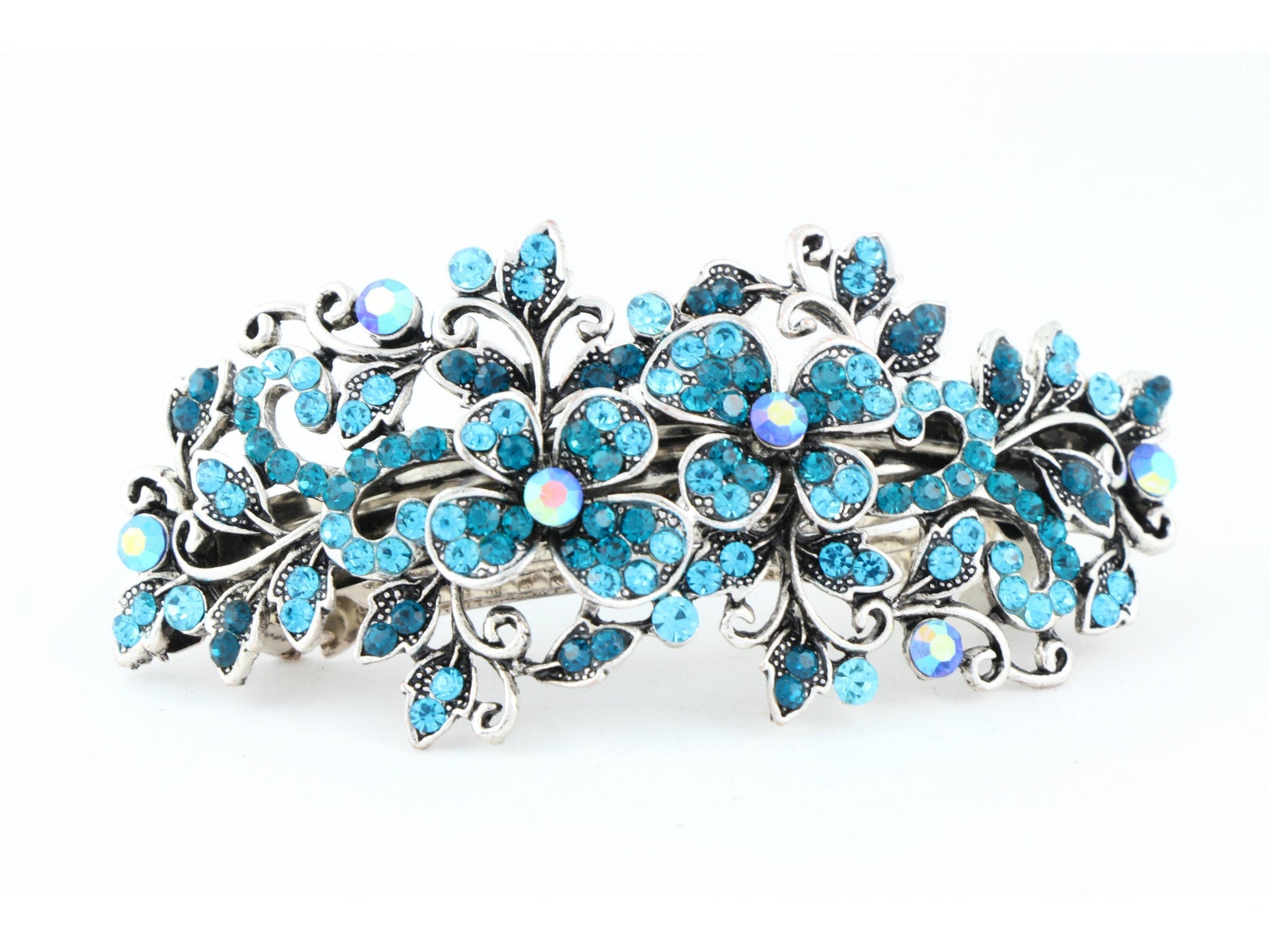 Hair barrette clip with butterfly flowers and leaves - Blue