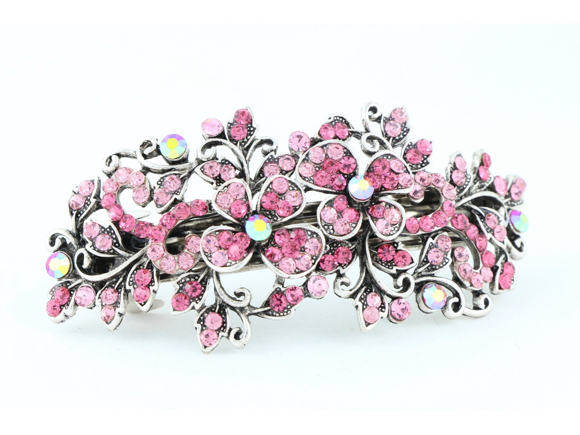 Hair barrette clip with butterfly flowers and leaves - Pink