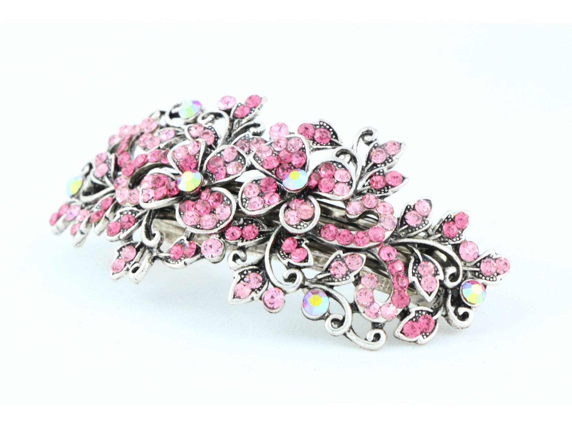 Hair barrette clip with butterfly flowers and leaves - Pink