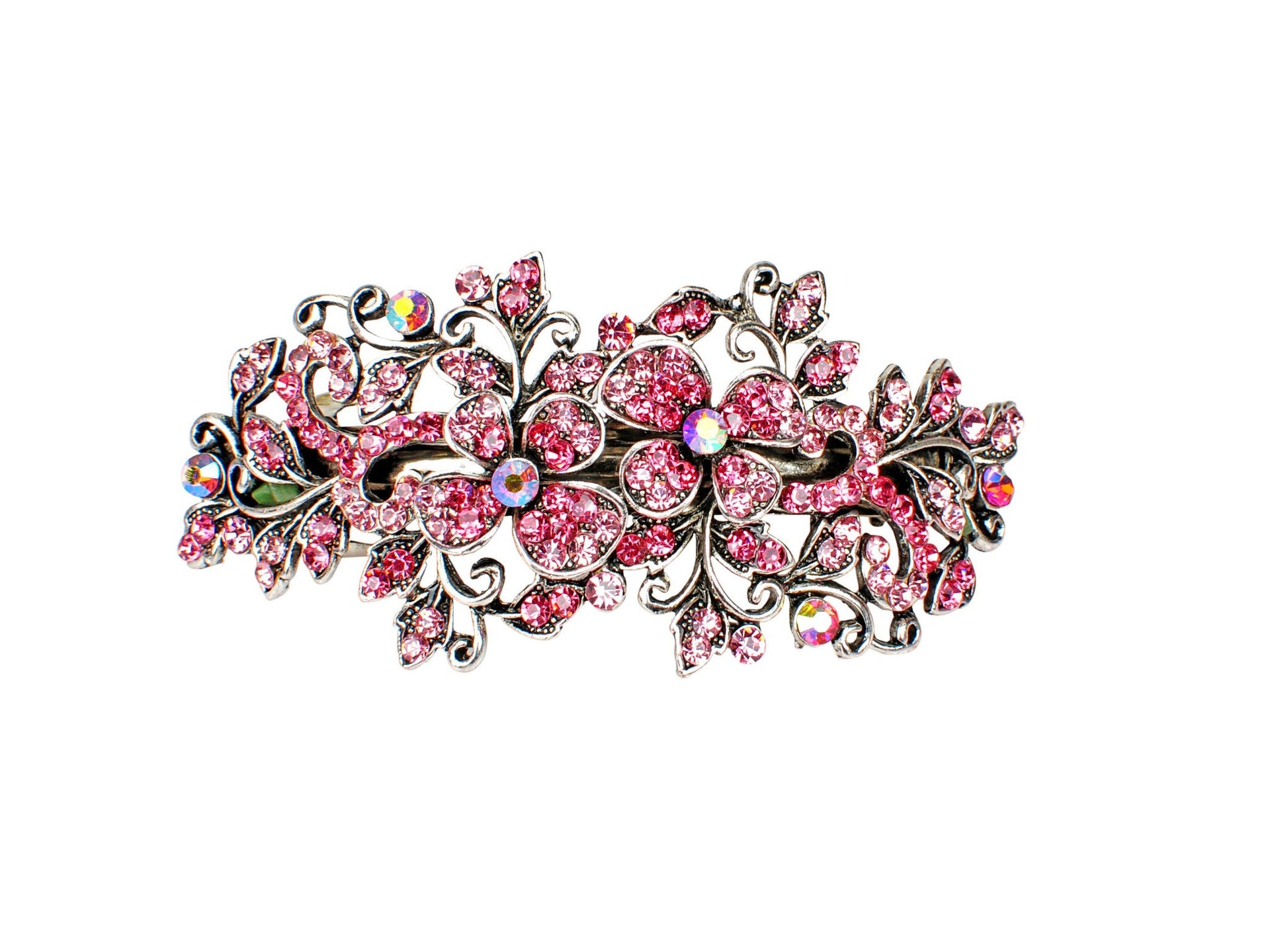 Hair barrette clip with butterfly flowers and leaves - Pink