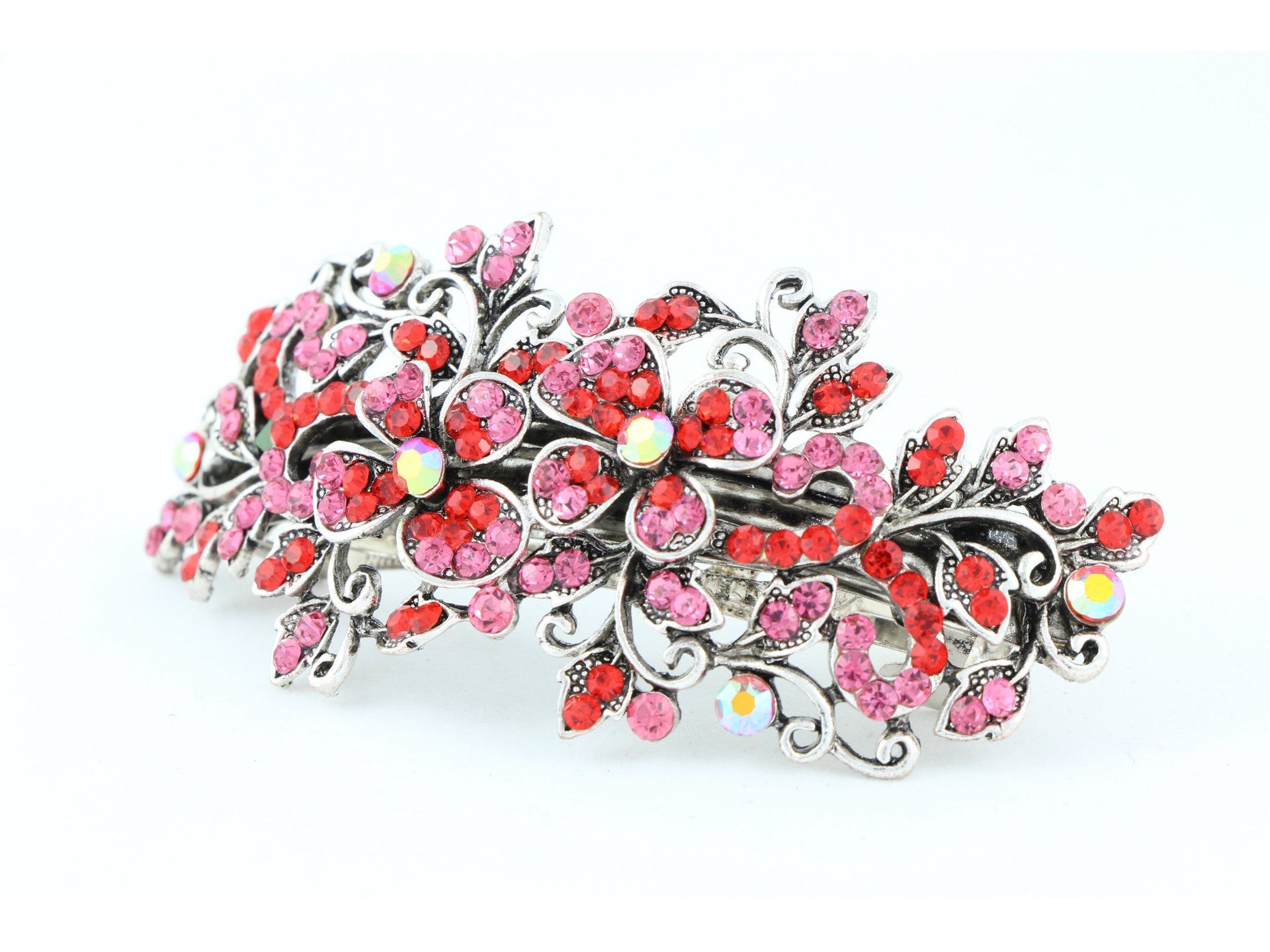 Hair barrette clip with butterfly flowers and leaves - Red