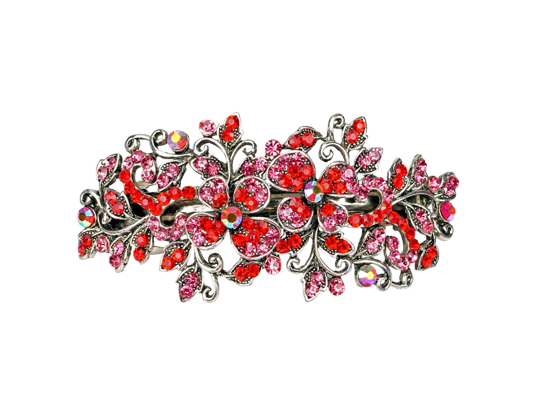 Hair barrette clip with butterfly flowers and leaves - Red