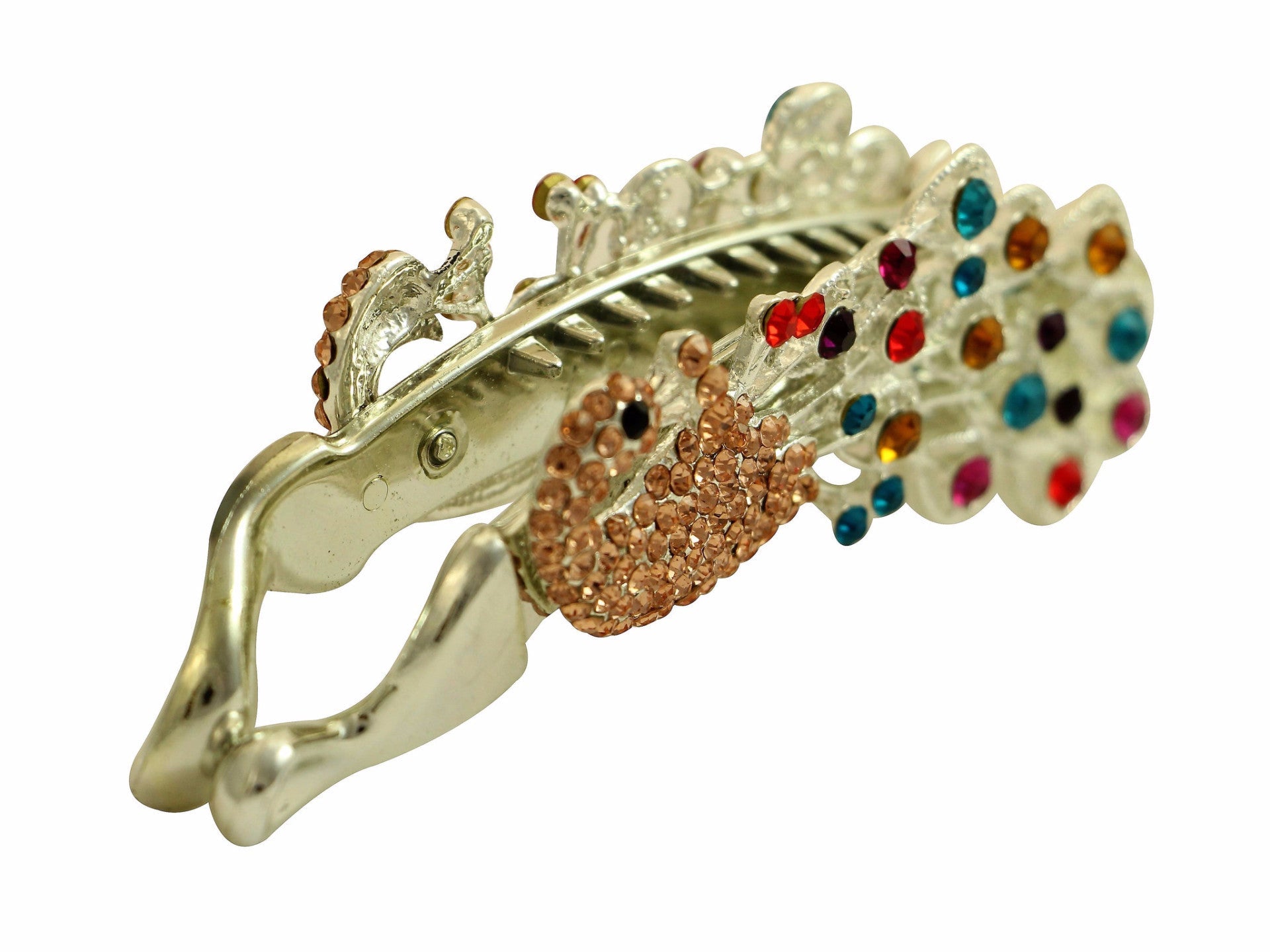 Multi color peacock on an antique silver metal color banana clip