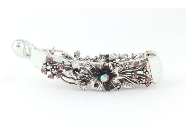 Gun metal color banana hair clip with dark violet flowers - Gifts for You 'n Me