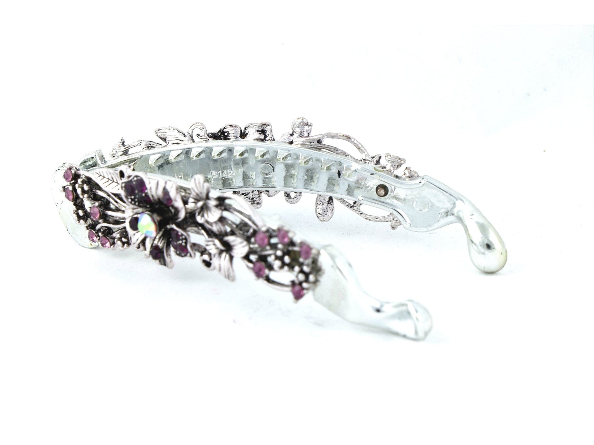 ﻿Gun metal color banana hair clip with dark violet flowers