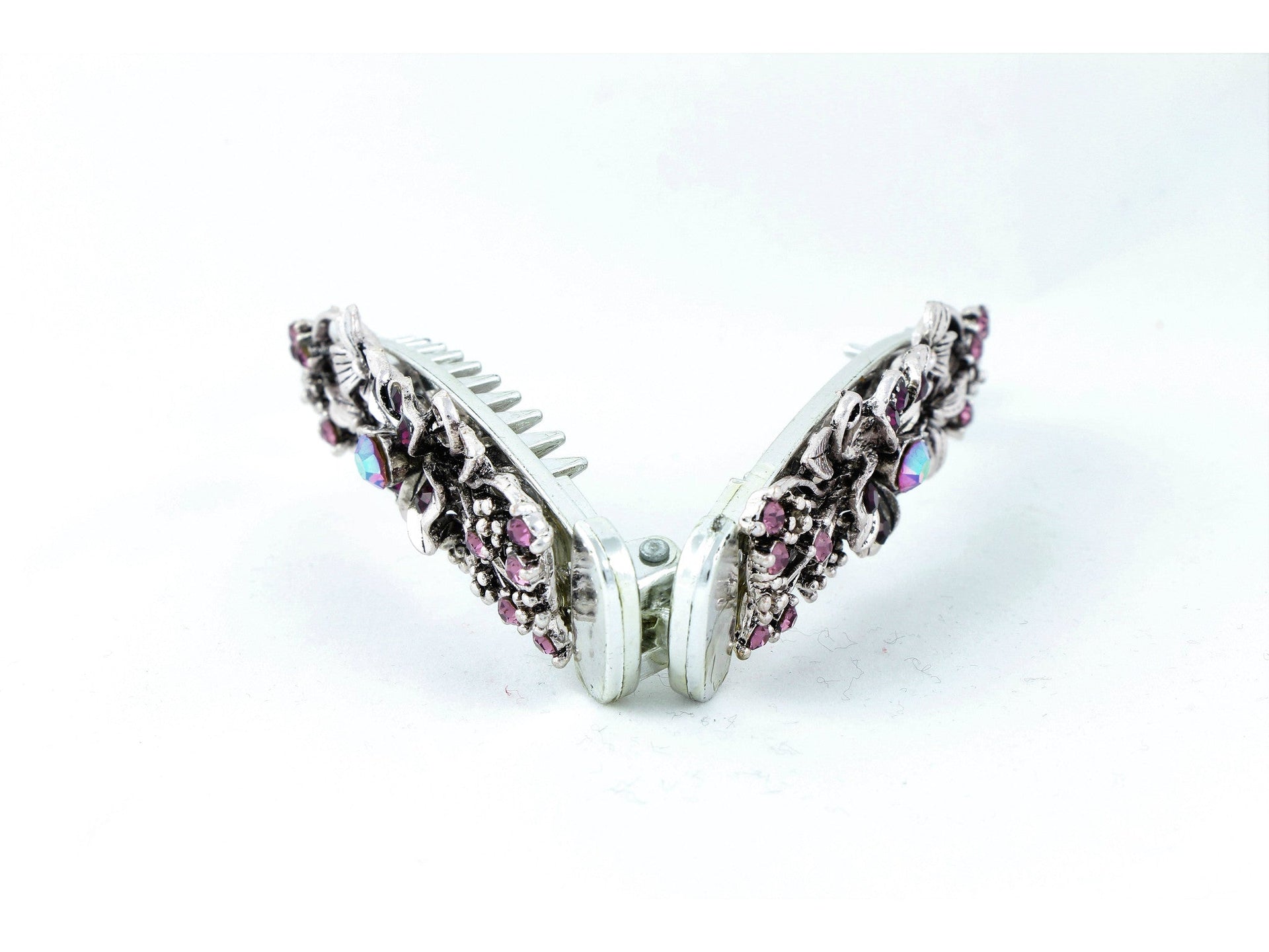 ﻿Gun metal color banana hair clip with dark violet flowers