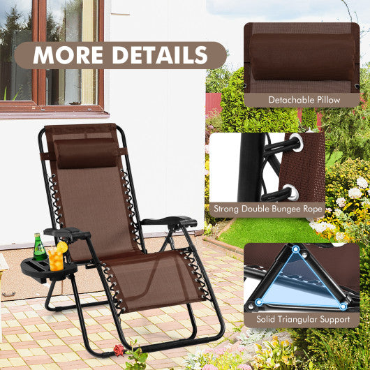 Outdoor Folding Zero Gravity Reclining Lounge Chair with Utility Tray-Brown