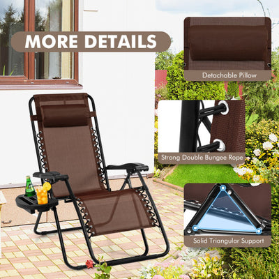 Outdoor Folding Zero Gravity Reclining Lounge Chair with Utility Tray-Brown