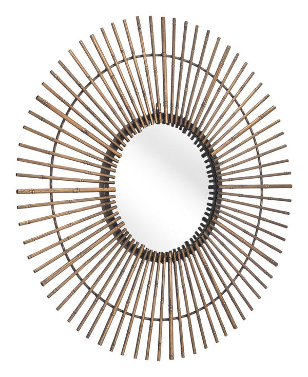 Round mirror with a wooden frame on a white background