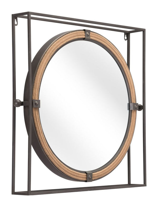 Round mirror with a metal frame on a white background